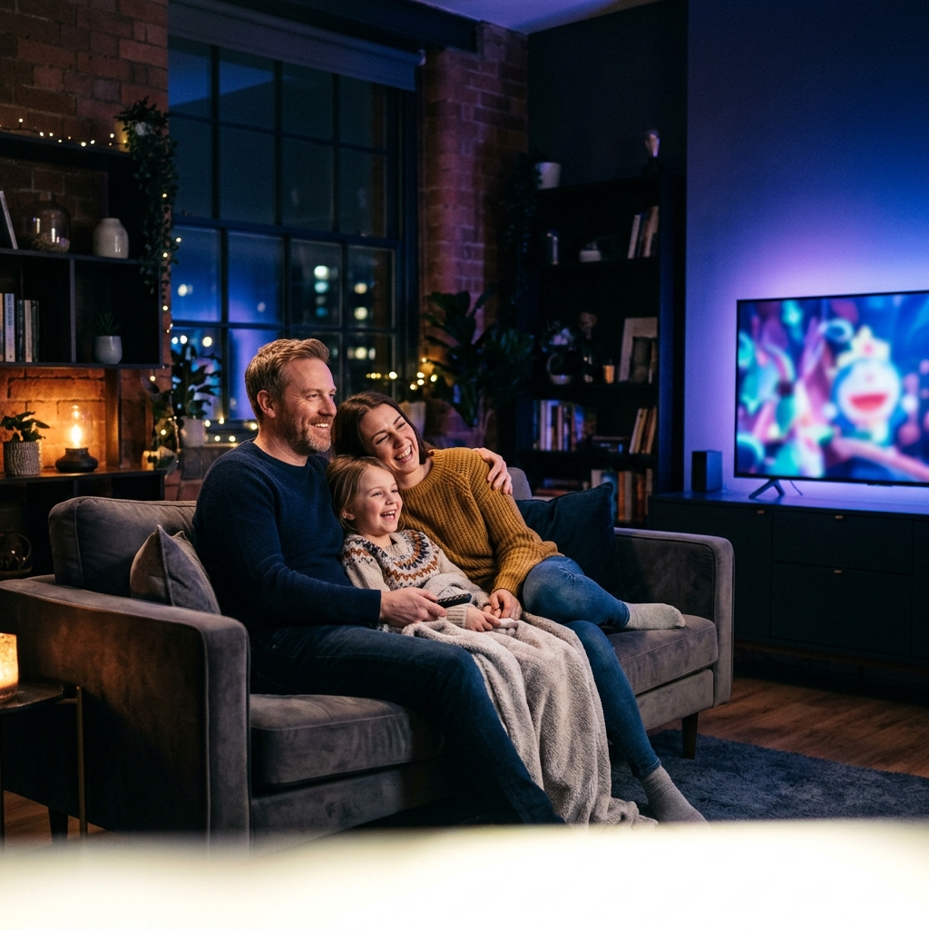 Family watching purple4ktv IPTV on TV