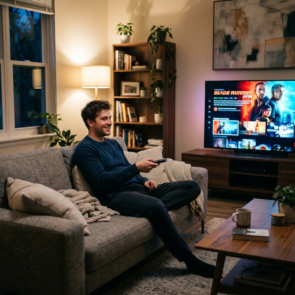 Man choosing purple4ktv plan on TV